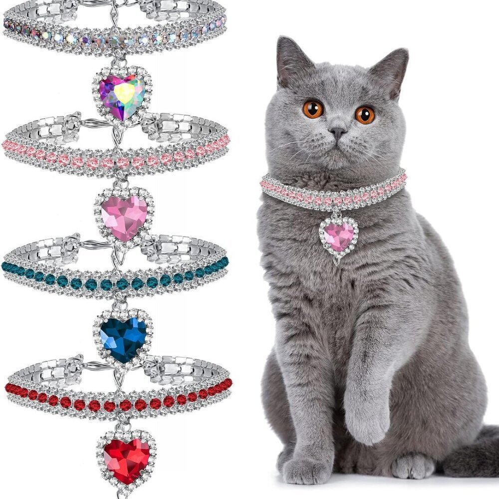 4 Pieces Rhinestone Cat Collar Heart Bling Breakaway Cat Collar Adjustable Small